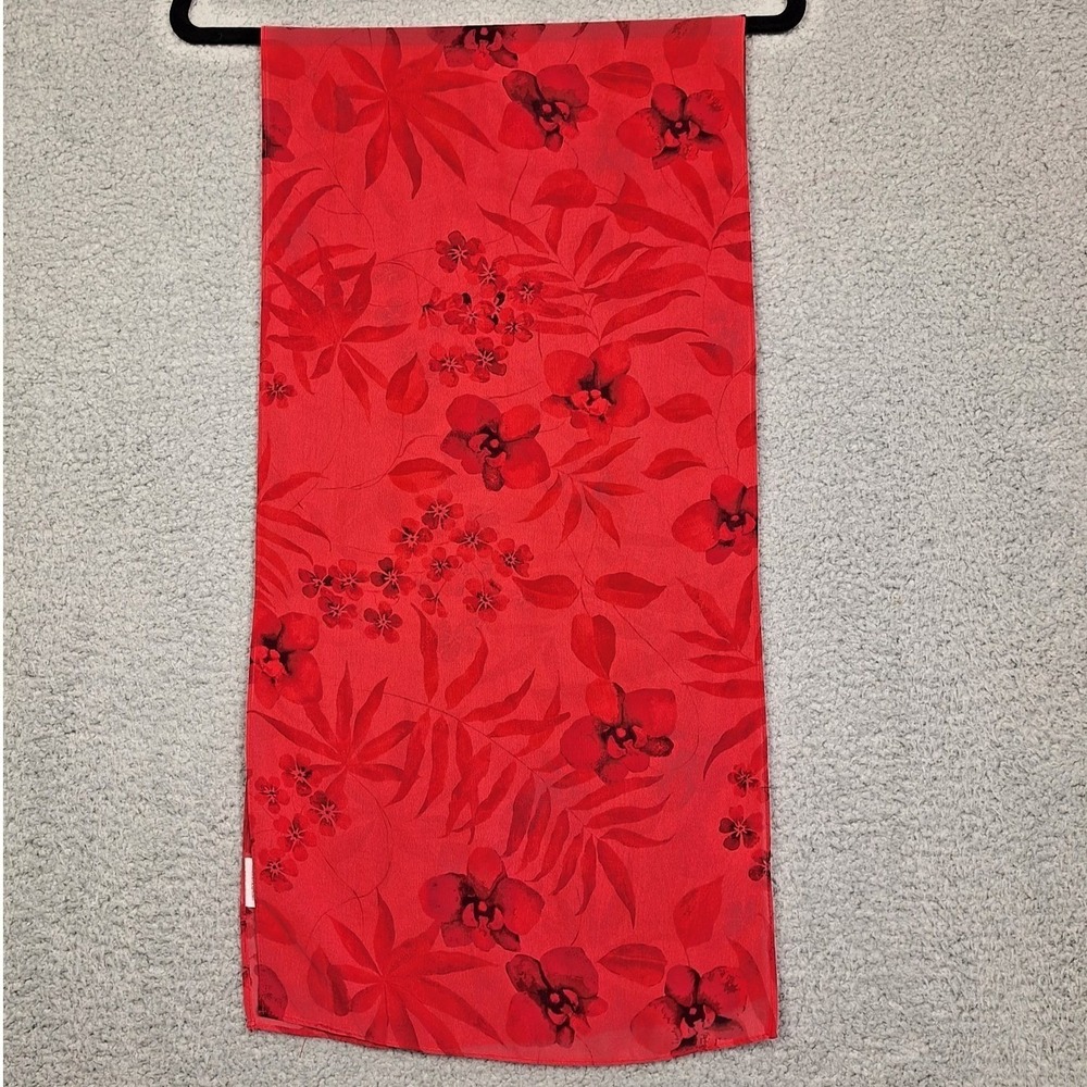 Vintage Scarf Womens Red Floral Botanical Sheer Chiffon 13 in‎ x 52 in